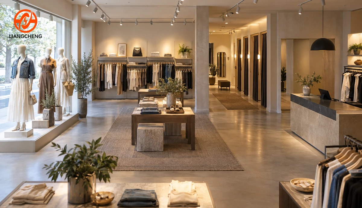 Fashion boutique divided into window wall display central table fitting room and checkout lighting zones
