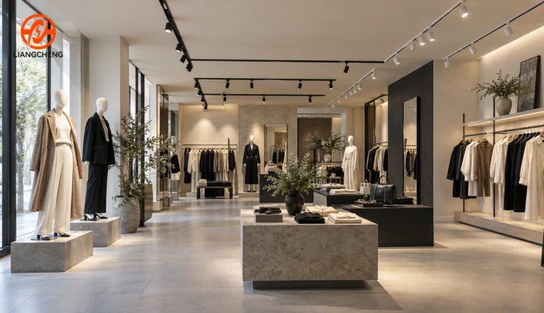 Fashion retail store with ceiling track lighting highlighting mannequins garment walls and display tables