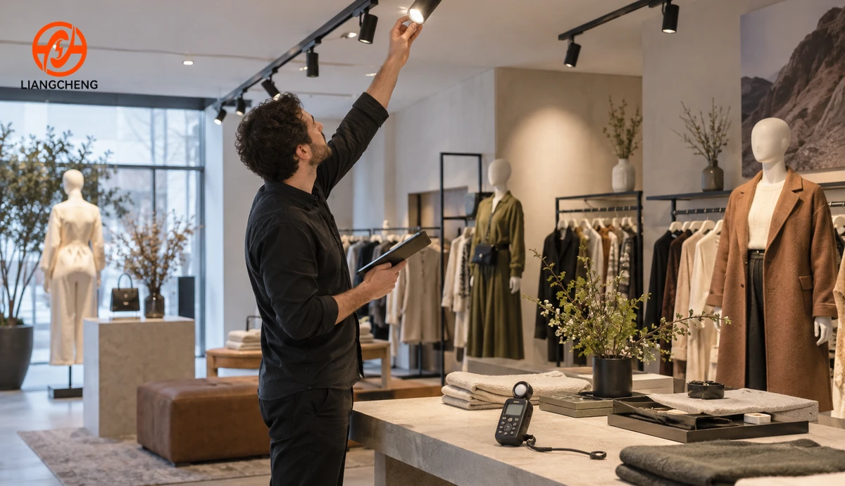 Lighting designer aiming track heads and checking a fashion display during commissioning