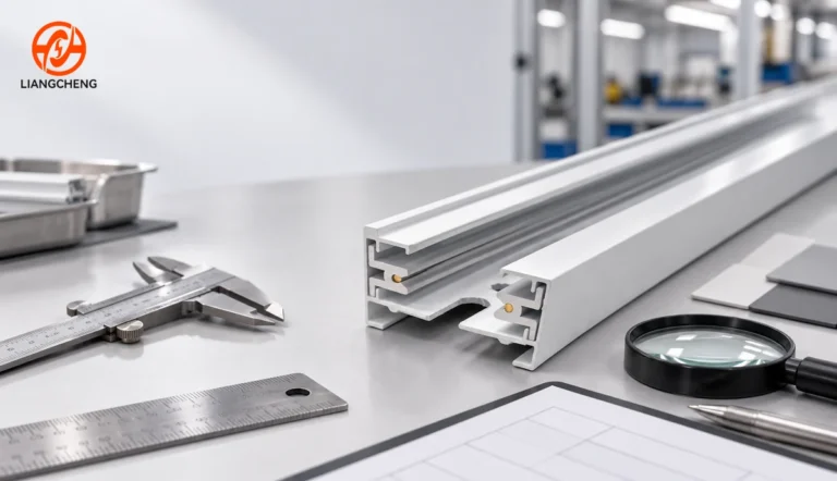 White aluminum lighting track rail prepared for dimensional and finish inspection