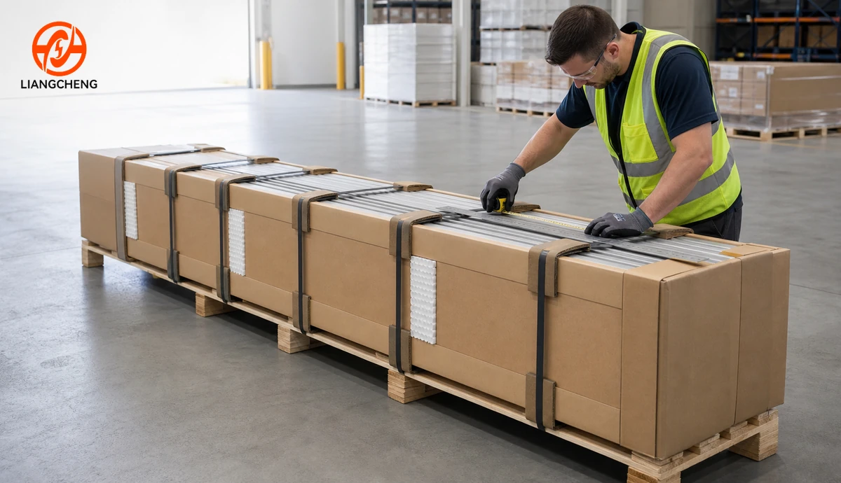 Reinforced long track rail carton supported on a rigid pallet