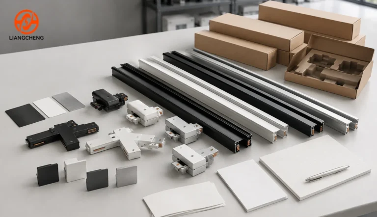 Private label track lighting rail product family with coordinated accessories and packaging