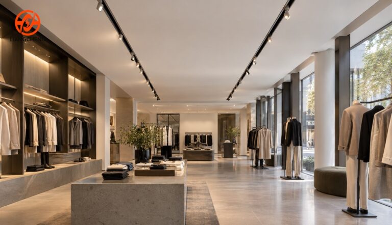 Recessed track rail integrated into a modern fashion retail ceiling
