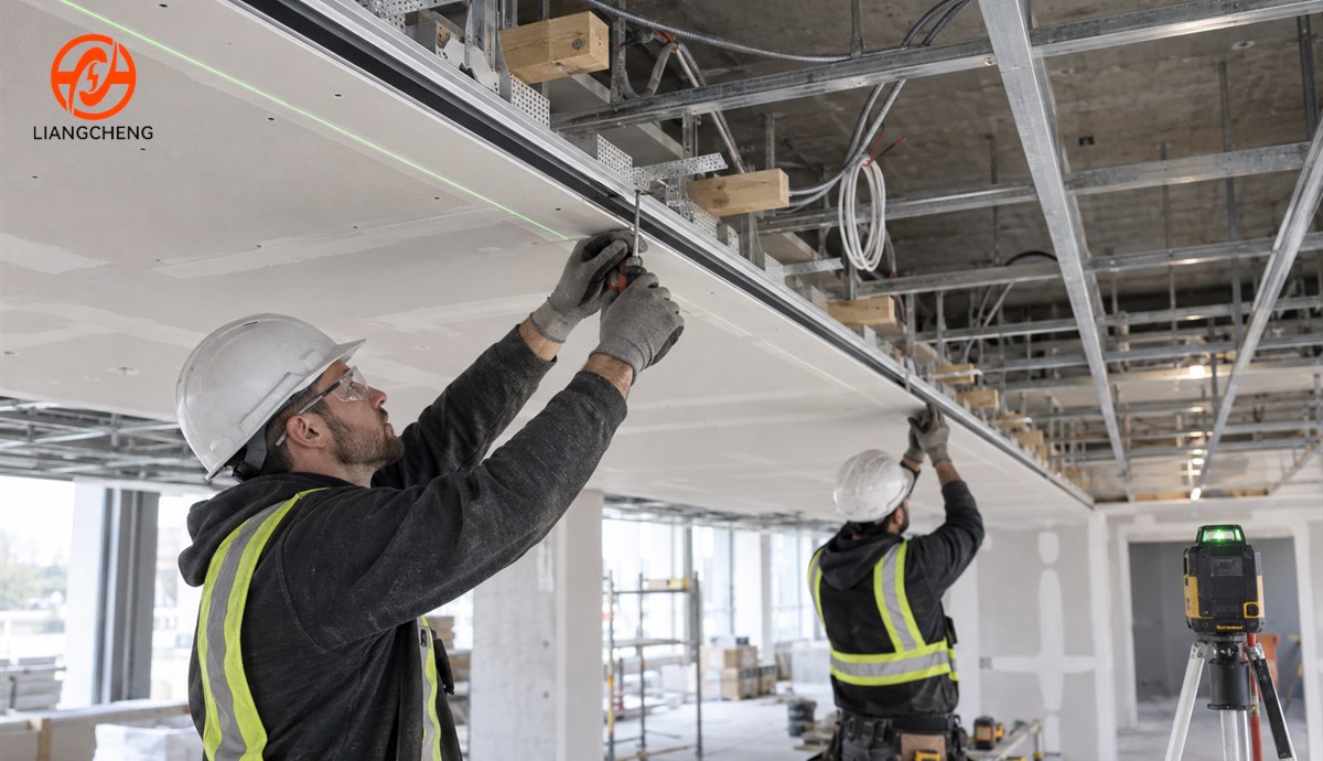 Contractors aligning a trimless recessed track rail in a gypsum ceiling