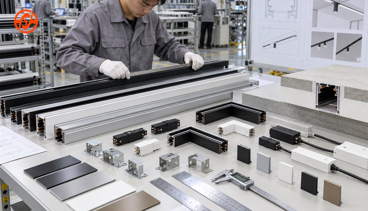 Recessed aluminum track rails connectors feeds brackets and inspection tools