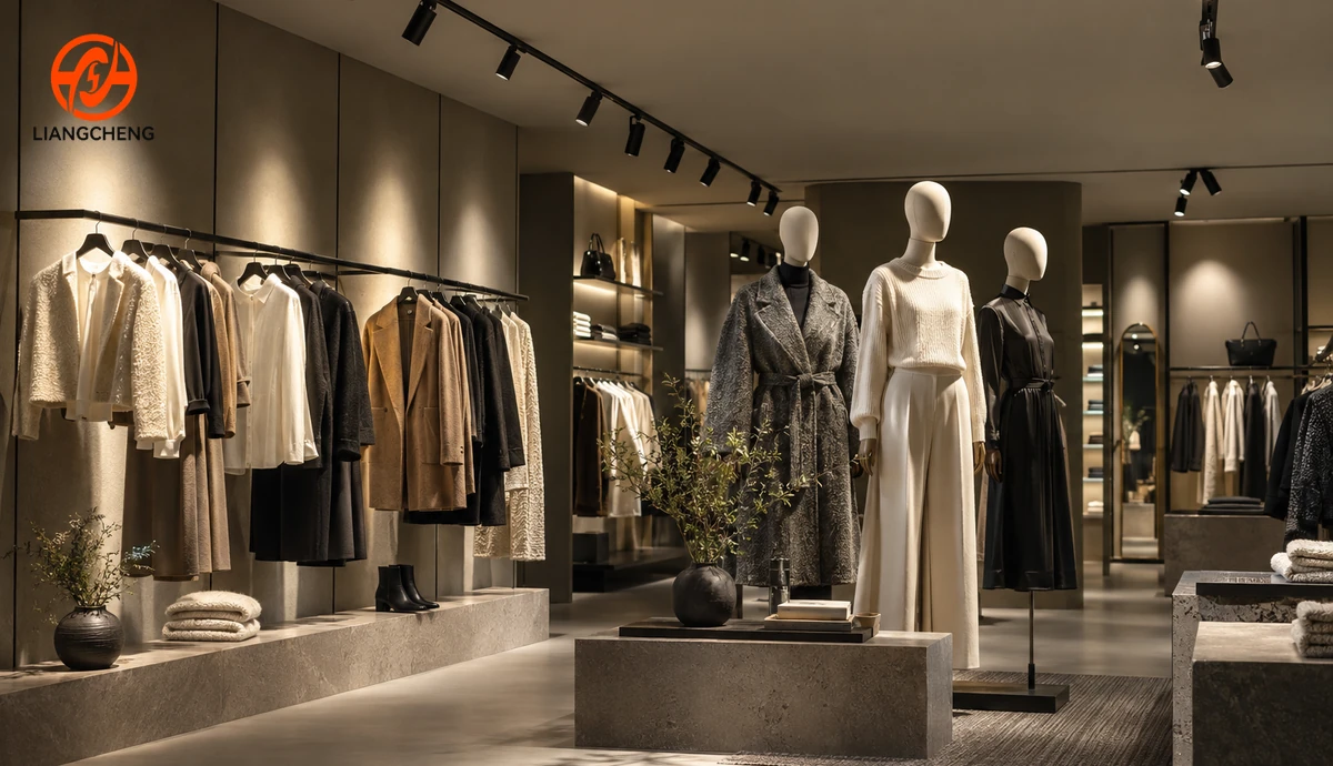 Track spotlights using controlled beam spreads on garment walls and mannequin displays