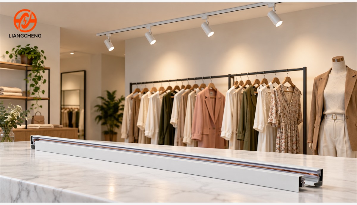 Single circuit track lighting rail in a small fashion retail display