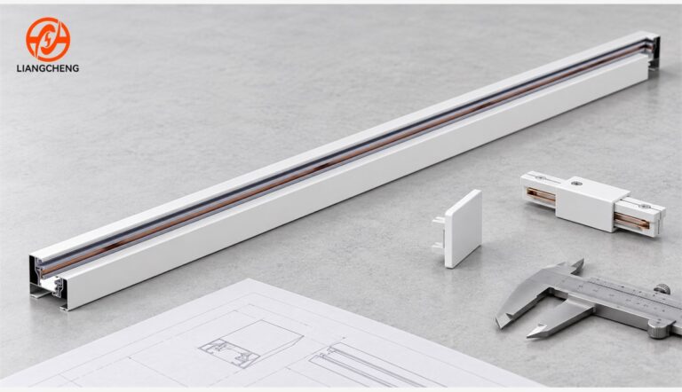 Complete white single circuit track lighting rail with system planning components