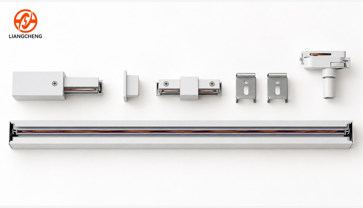 Complete single circuit track rail with feed joiner end cap clips and adapter