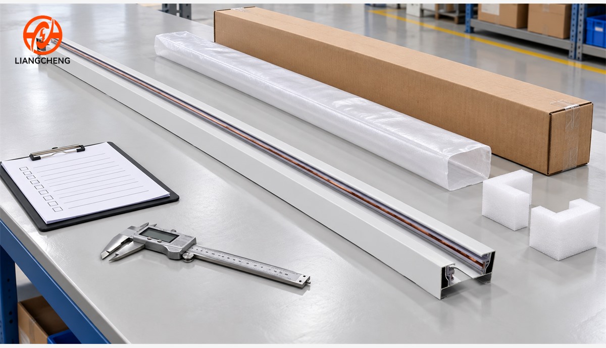 Complete single circuit track rail inspected beside protective packaging
