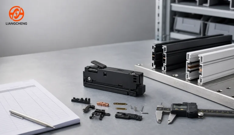 Track light adapter compatibility inspection with rail samples and measuring tools