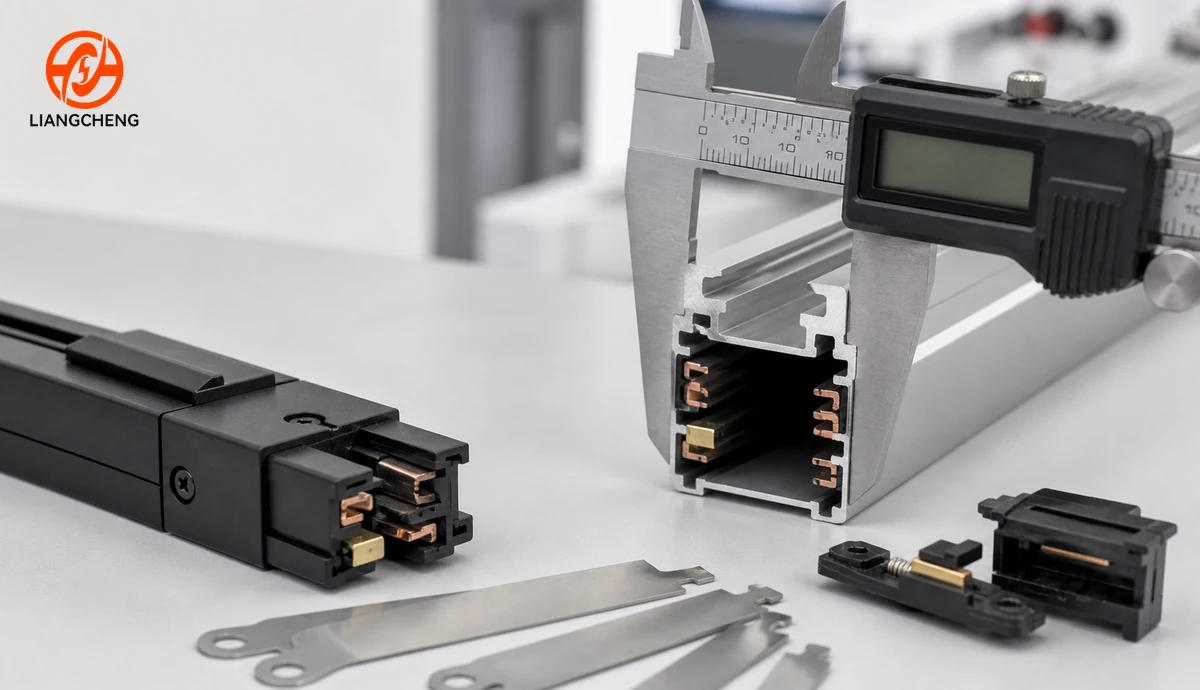 Track light adapter and rail interface checked with a digital caliper
