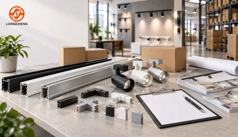Track lighting rails spotlights accessories and launch materials on an organized worktable