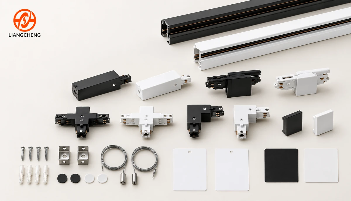 Track lighting rails and matching accessories organized as one controlled launch system