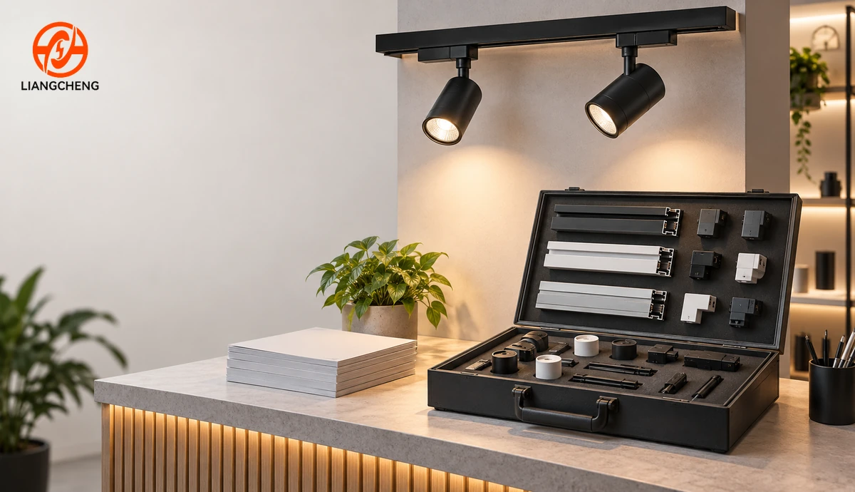 Track lighting system sample display and portable accessory demonstration kit