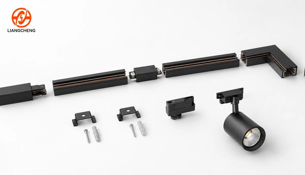 Complete lighting track rail bill of materials with feeds connectors end caps adapters hardware and spotlight