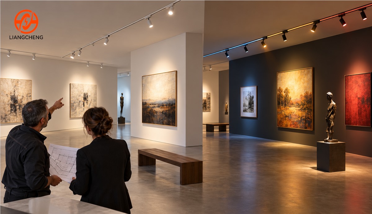 Commercial gallery track lighting zones reviewed by a designer and installer
