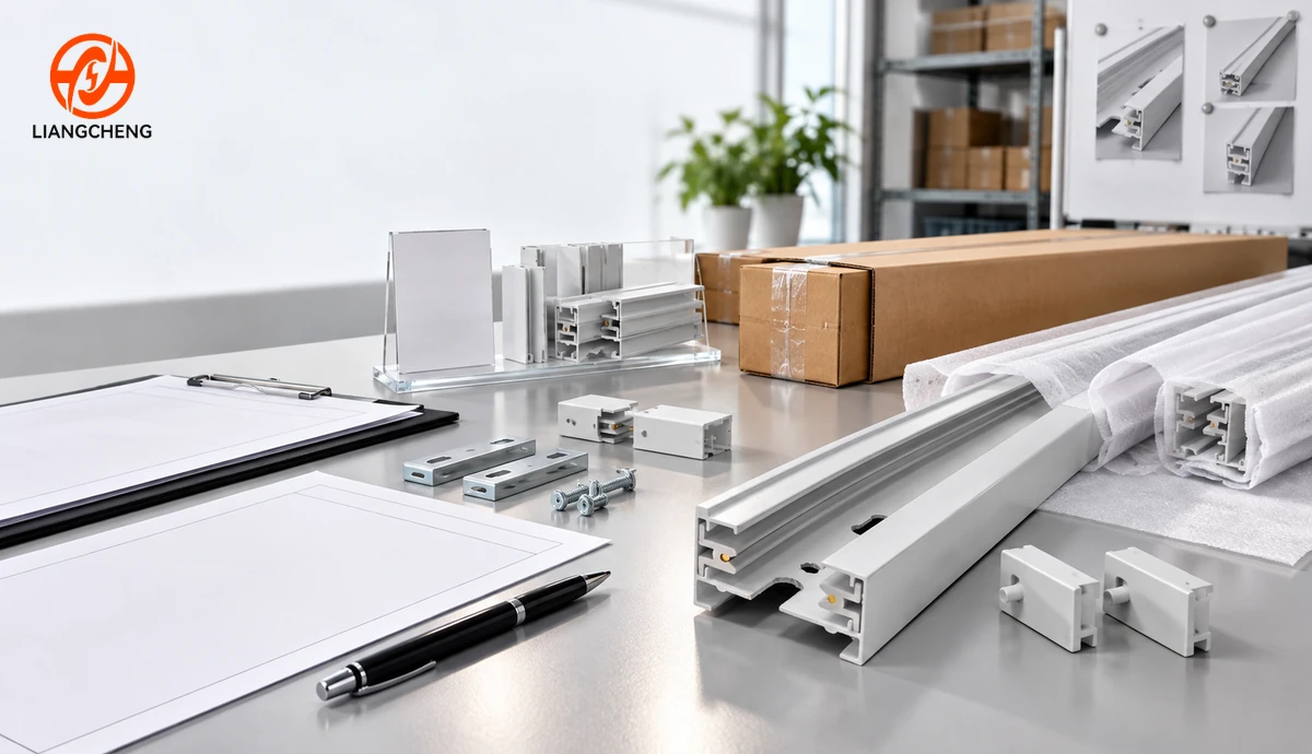 White track rail sample with approval documents accessories and protective packaging