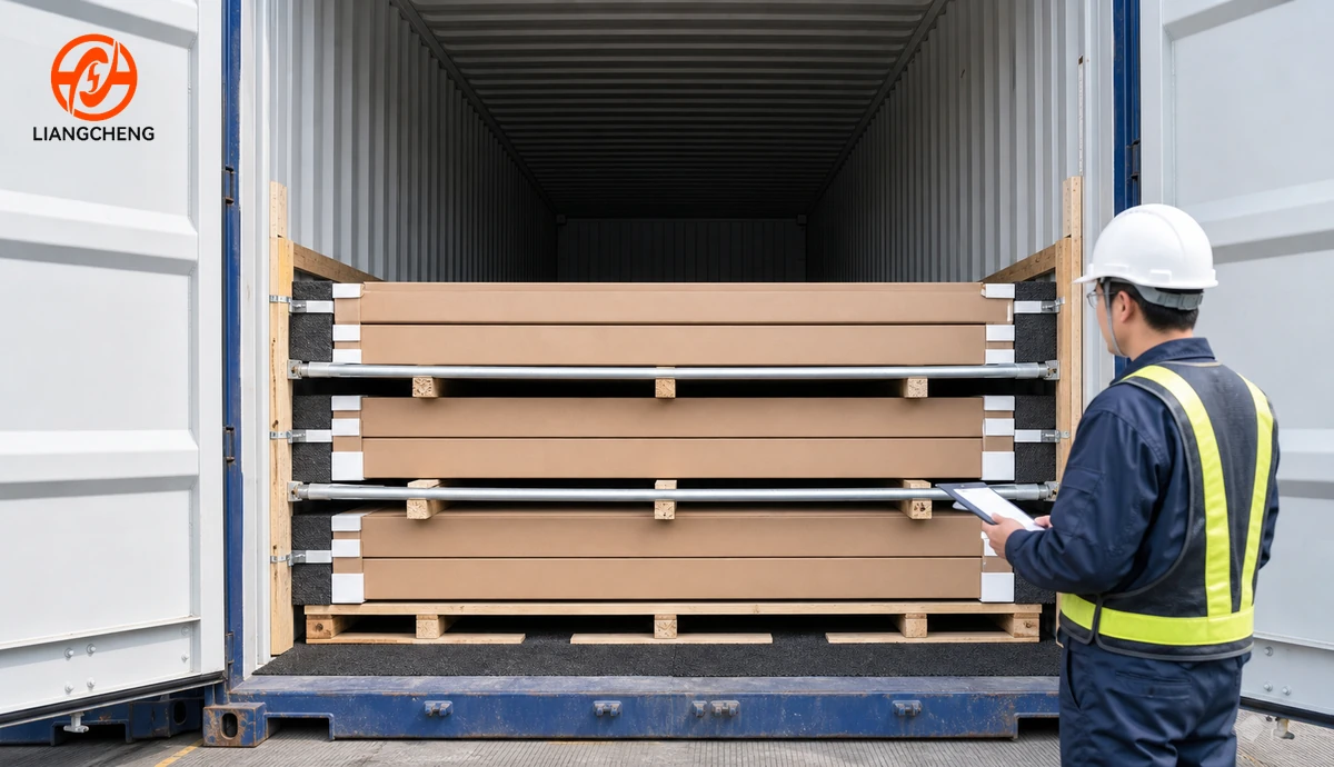 Long track rail cartons secured with blocking and bracing in a container