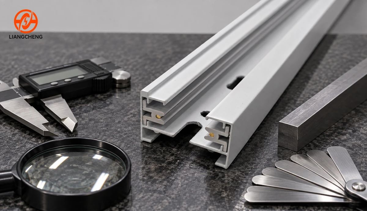 White aluminum track rail inspected with calipers straightedge and surface tools