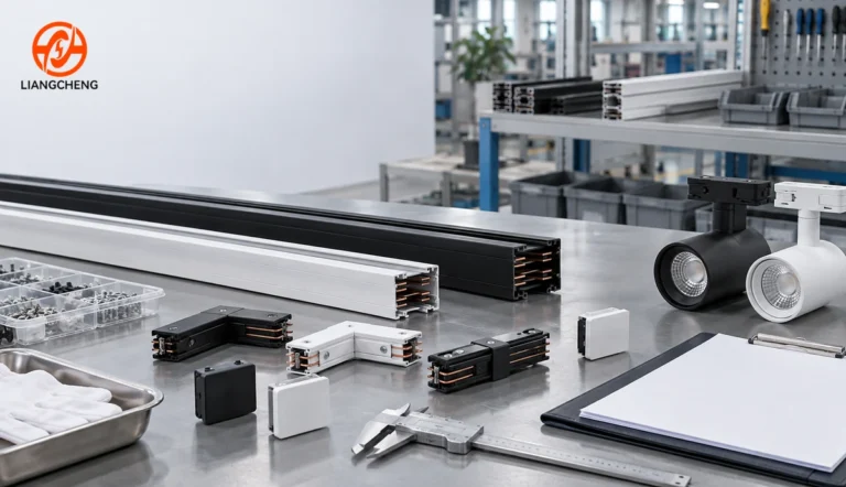 Lighting track rails and accessories on a conceptual factory audit workbench
