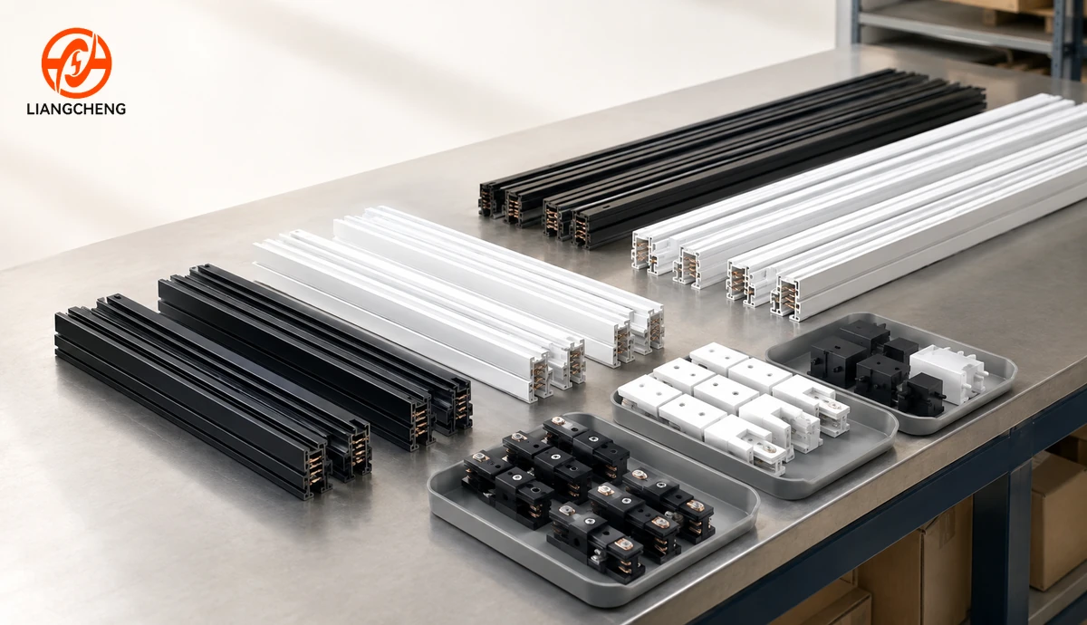 Bundles of black and white lighting track rails with matching accessories arranged by order mix