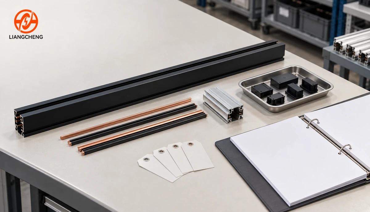 Track rail components with blank identification tags and a production record folder