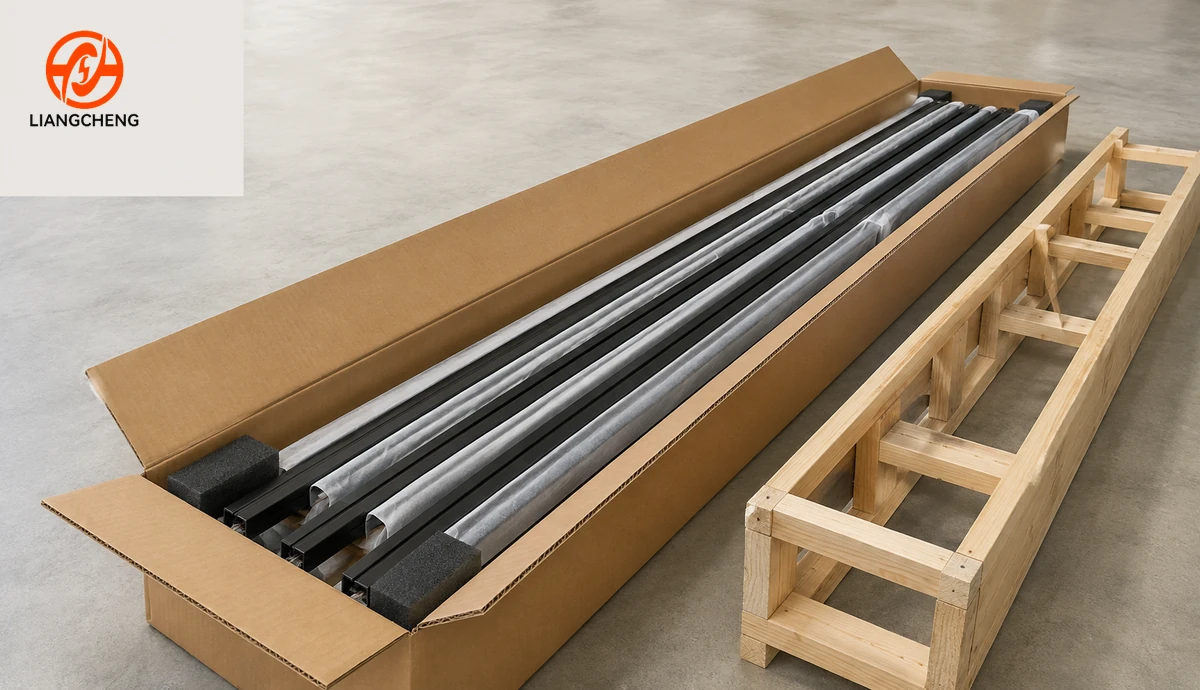 Long lighting track rails packed with protective separation and end supports beside a shipping frame