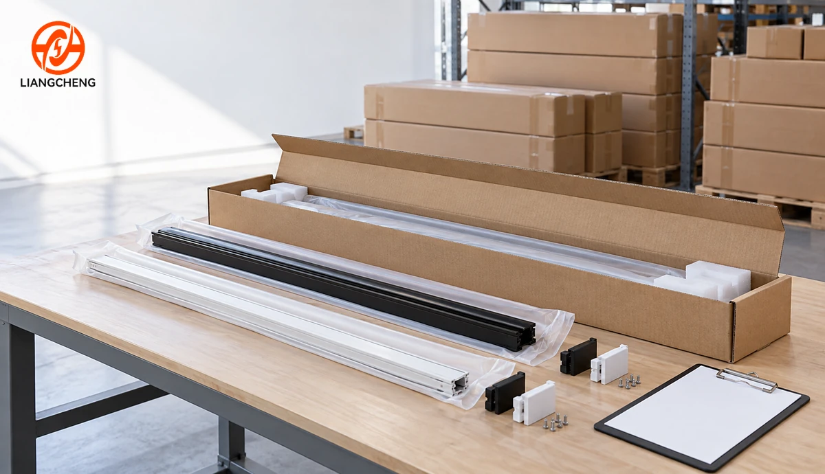 Protected lighting rails in an open carton beside a blank release clipboard