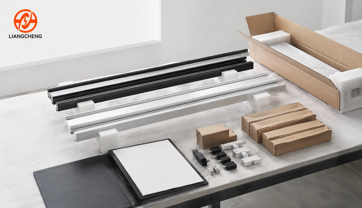 Lighting track rails and protected packaging prepared for pilot review