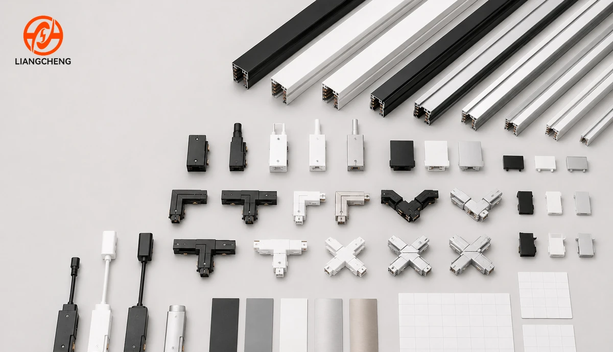 Track lighting rail SKU architecture with rail profiles adapters connectors and finish samples