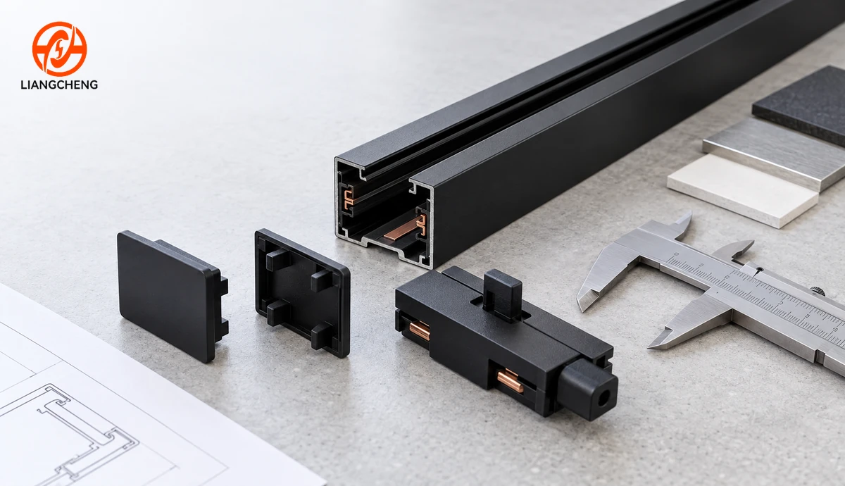 Unpowered track rail and adapter beside a caliper and finish samples