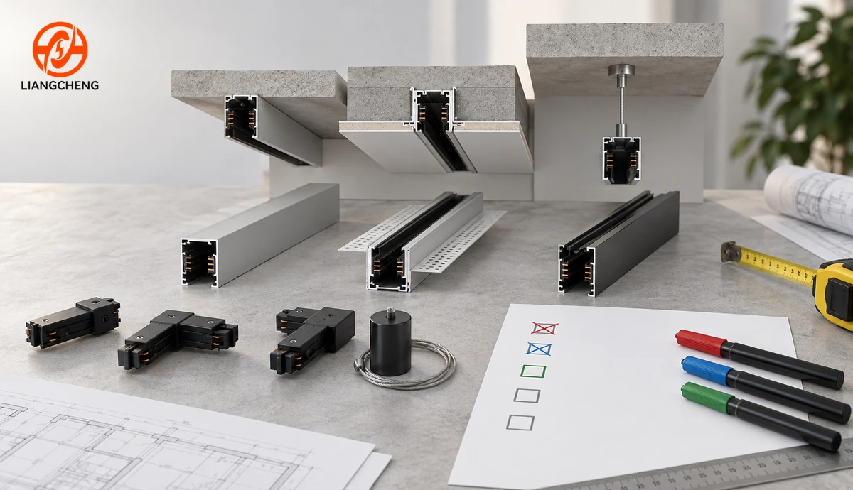 Surface recessed and suspended track rail options compared against project constraints