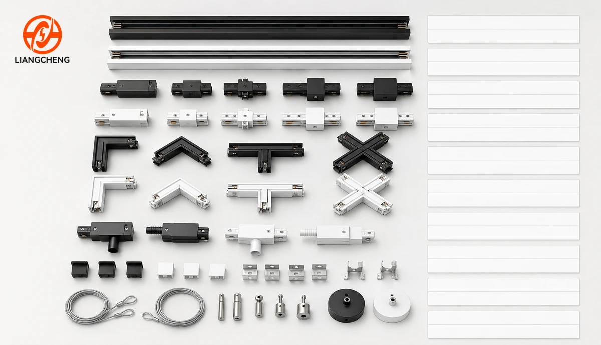 Lighting track rail accessories organized for an RFQ bill of materials