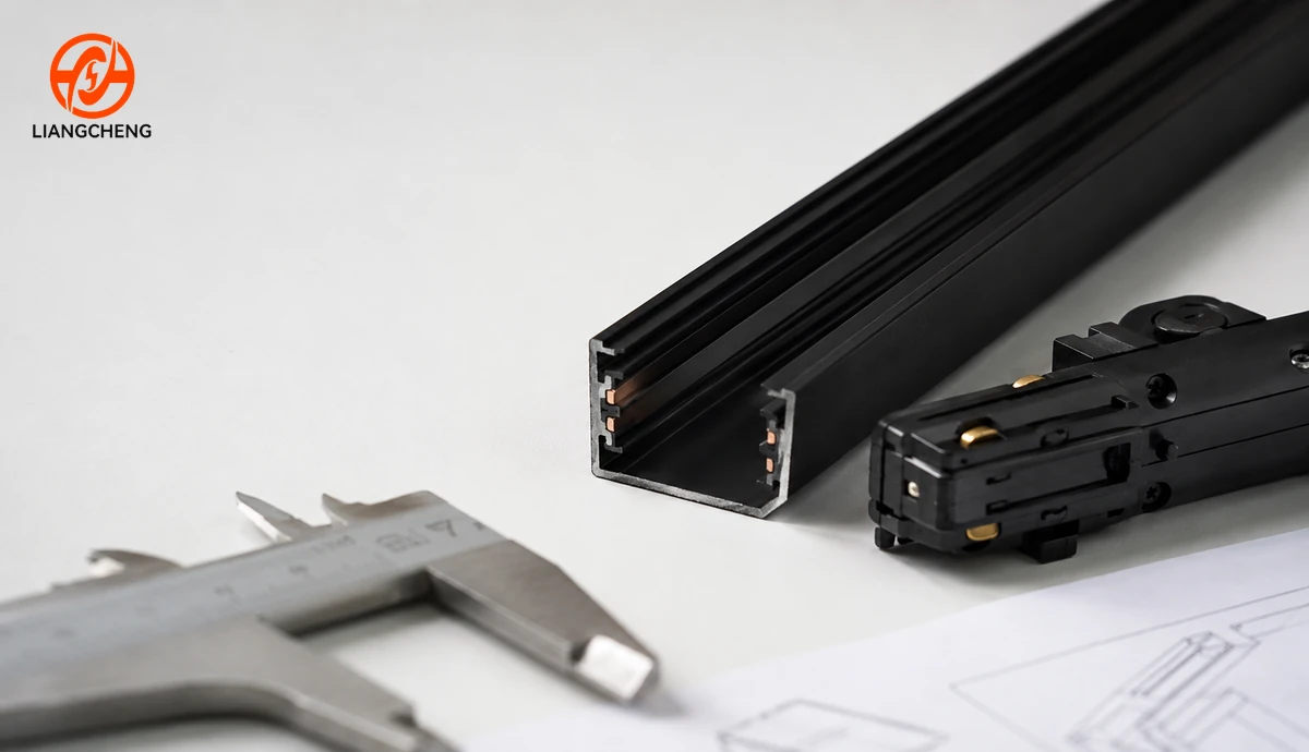 Lighting track rail profile and adapter beside measurement tools