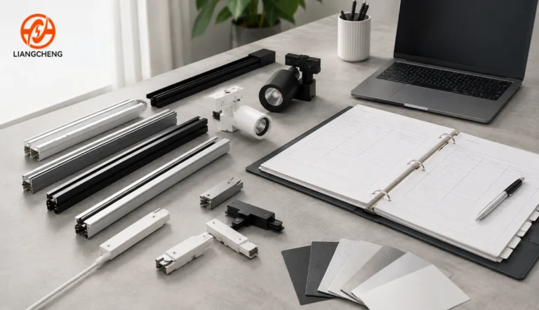 Track lighting rail RFQ document pack with rail samples and finish cards
