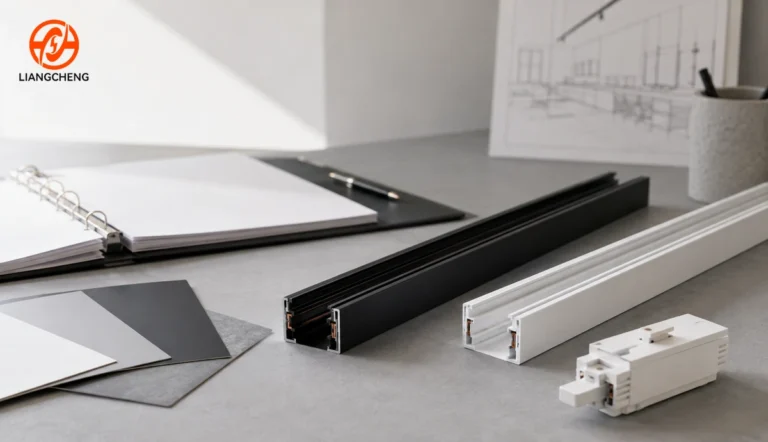 Track lighting rail samples with an engineering review folder