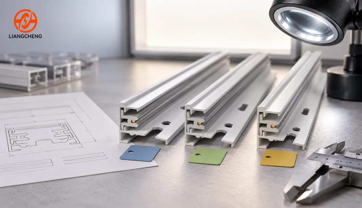 Three white track rail samples compared under controlled inspection lighting