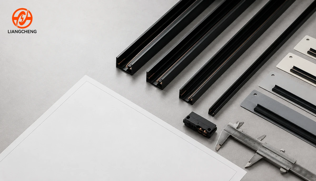 Lighting track rail profiles and adapter beside drawing review tools