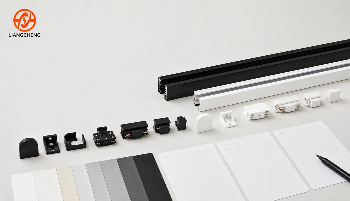 Track lighting rails and matching accessories arranged for sample review