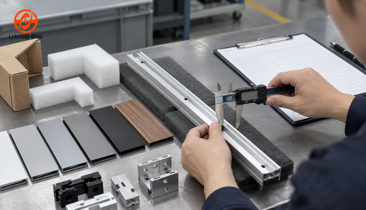 Inspector measuring an aluminum lighting track rail sample with caliper and checking finish hardware and packaging