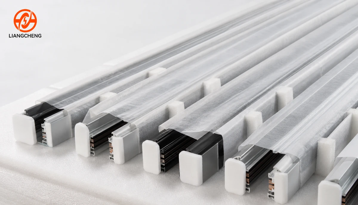 Track lighting rails protected with sleeves separators and end pads