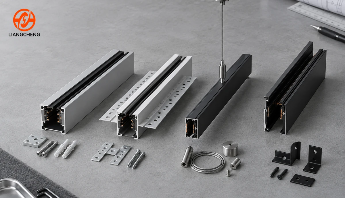 Lighting track rail profile samples for surface recessed suspended and magnetic-style installations