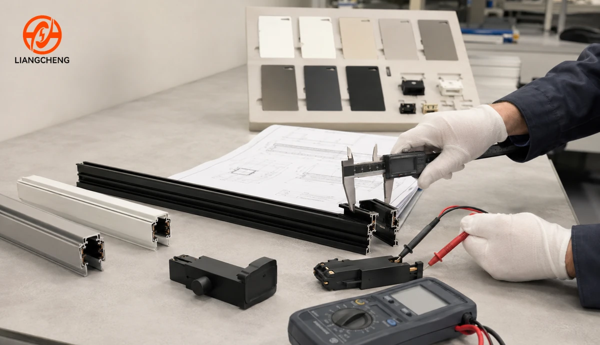Technician validating track rail dimensions adapter fit finish and electrical continuity