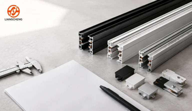 Black, white and silver lighting track rails with accessories and a blank quotation sheet