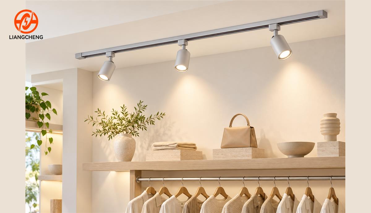 Silver two-wire track rail installed over a simple boutique display with three spotlights