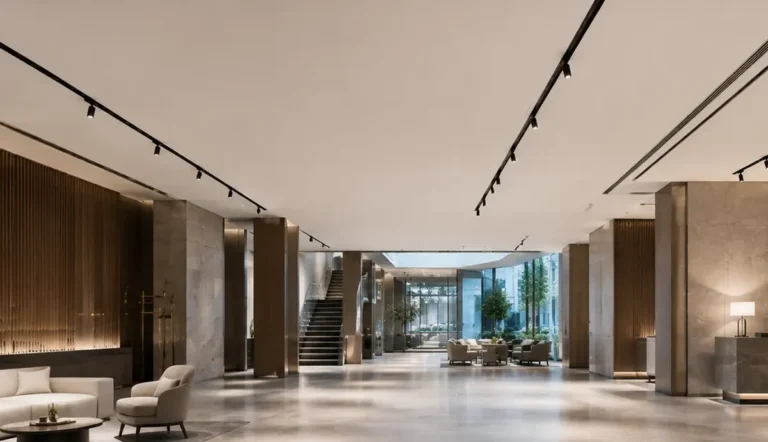Hotel lobby with long ceiling-mounted track lighting runs supplied by multiple low-voltage drivers