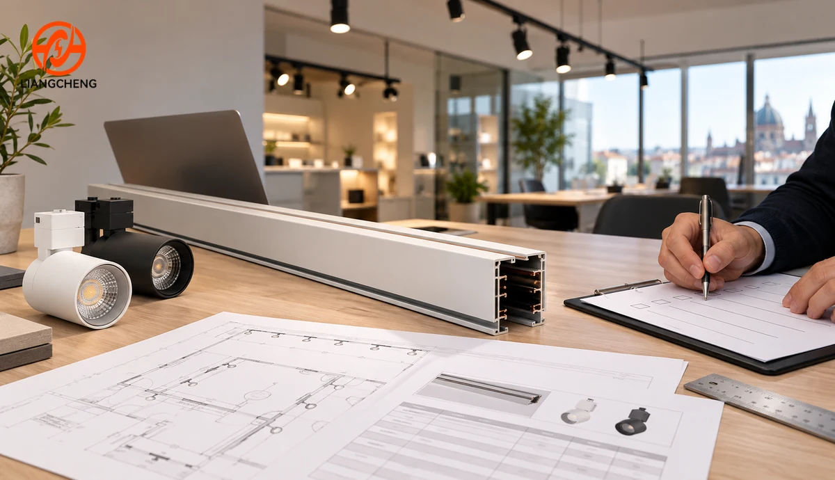 Buyer reviewing track rail sample, project specifications, and procurement checklist