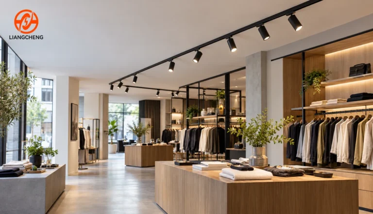 Track lighting in a retail interior illustrating European safety certification review
