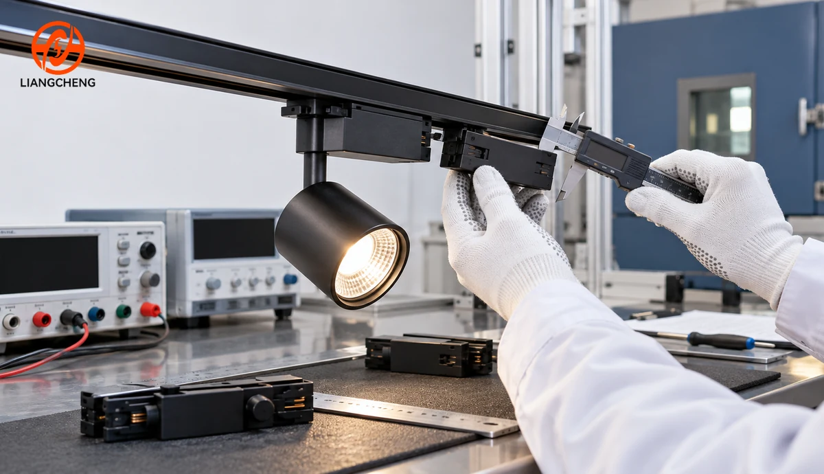 Technician checking a track lighting assembly in an electrical test laboratory